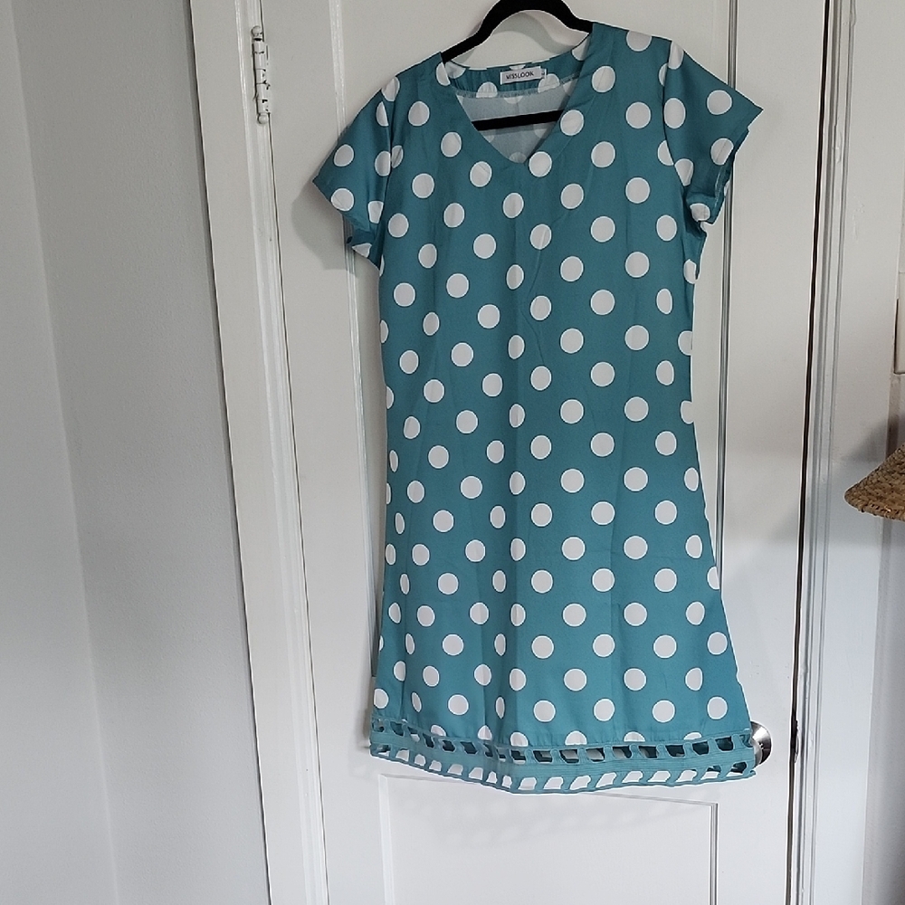 MISSLOOK Teal Polka Dot Midi Dress with White Dots and Cutout Hem